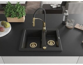 Mexen Carlos, 1,5-komorový granitový drez 582x475x177 mm a drezová batéria Aster, čierna-strieborná metalíza, 6518-73-73450-57-G