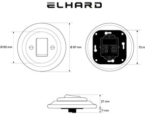 Elhard Okrúhly keramický vypínač so širokou kolískou č.1, dvojpólový, čierny KV1011B