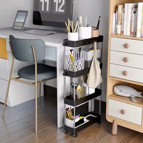 ModernHome Plastový regál do kúpeľne so 4 policami - kolieska, čierny