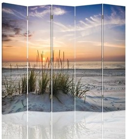 Ozdobný paraván Západ slunce na mořské pláži - 180x170 cm, päťdielny, obojstranný paraván 360°