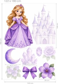 Princezná vo fialovom kráľovstve fialové rozprávkové nálepky na stenu do detskej izbičky pre dievčatá arch 31 x 46 cm