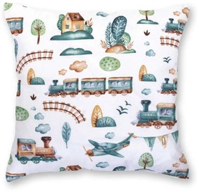 Detská obliečka na vankúš TRAIN 40×40 cm – 100 % bavlna, motív vláčikov a lietadiel Veľkosť: 40x40 cm