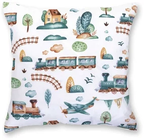 Detská obliečka na vankúš TRAIN 40×40 cm – 100 % bavlna, motív vláčikov a lietadiel Veľkosť: 40x40 cm