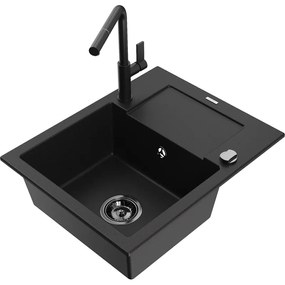 Mexen Enzo, 1-komorový granitový drez 576x465x174 mm a drezová batéria Flora, čierna, 6506-77-670401-70-B