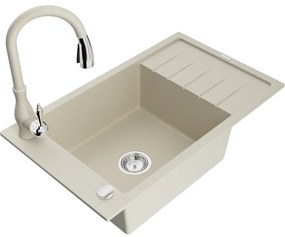 Mexen Elias, 1-komorový granitový drez 795x480x200 mm a drezová batéria Savita, béžová, 6511-69-672601-69