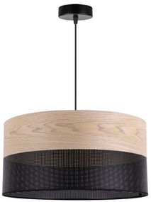 Závesné svietidlo Wood, 1x béžová dubová dýha/čierne PVC tienidlo, (fi 44cm)