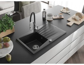 Mexen Cesar, 1-komorový granitový drez 775x470x190 mm a drezová batéria Aster, čierna-strieborná metalíza, 6514-73-73450-07