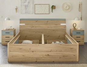 Posteľ s nočnými stolíkmi Savina 180x200 cm, dub artisan/šalviová, s osvetlením