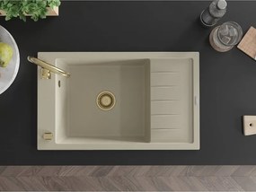 Mexen Elias granitový drez 1-komorový s odkvapkávačom 795 x 480 mm, béžový, zlatý sifón - 6511791005-69-G