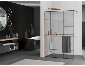 Mexen Kioto, sprchová zástena s poličkou a držiakom na uteráky 130 x 200 cm, 8mm číre sklo s čiernym vzorom, profil ružové zlato, 800-130-121-60-78