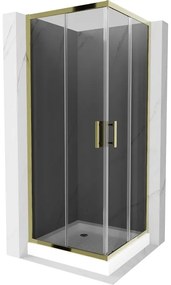 Mexen Rio, štvorcový sprchovací kút s posuvnými dverami 70(dvere) x 70(dvere) x 190 cm, 6mm šedé sklo, zlatý profil + biela sprchová vanička RIO, 860-070-070-50-40-4510