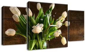 Gario Obraz s hodinami Očarujúce biele tulipány - 3 dielny Rozmery: 80 x 40 cm
