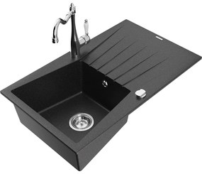 Mexen Cesar, 1-komorový granitový drez 775x470x190 mm a drezová batéria Carla, čierna-strieborná metalíza, 6514-73-670700-00