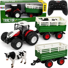 LEAN Toys Poľnohospodársky traktor s prívesom, diaľkovo ovládaný RC, figúrka kravy, mierka 1:24