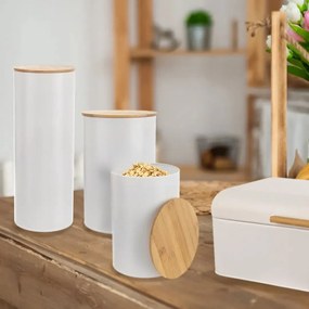 Orion 2. akosť - Plechová dóza na potraviny, biela, s bambusovým viečkom - 1,3l