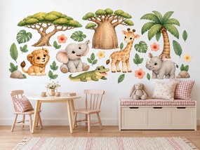 Safari mláďatká pri baobabe farebné akvarelové nálepky s baobabom a safari zvieratkami pre dievčatá aj chlapcov na stenu arch 46 x 23 cm