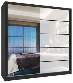 Šatníková skriňa 200 cm Belini čierny mat /biely lesk s posuvnými dverami zrkadlom a zásuvkami  MGB SZP5/1/B/1L5W/KLP