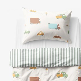 Goldea detské bavlnené obliečky - svet autíčok so šalviovo zelenými prúžkami 150 x 200 a 50 x 60 cm