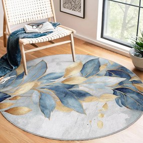 Prateľný okrúhly koberec v modrej a zlatej farbe ø 100 cm Golden Leaves – Mila Home