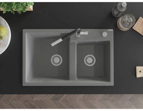 Mexen Tomas, 2-komorový granitový drez 800x500x190 mm a drezová batéria Flora, šedá, 6516-71-670401-07