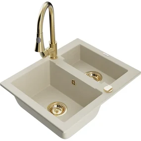 Mexen Carlos, 1,5-komorový granitový drez 582x475x177 mm a drezová batéria Elia, béžová, 6518-69-670101-50