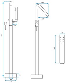 Rea Aras, voľne stojaca vaňová batéria h-1105, čierna matná, REA-B2717