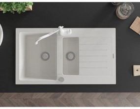 Mexen Matias, granitový drez 900x505x200 mm, 1,5-komorový a drezová batéria Carla, biela, 6502-20-670700-20
