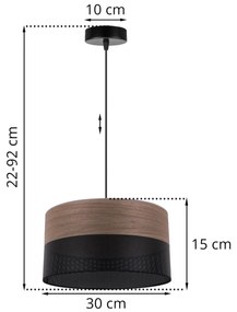 Light Home Závesné svietidlo Wood, 1x hnedá orechová dýha/čierne PVCové tienidlo, (fi 30cm)