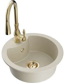 Mexen Diego, 1-komorový granitový drez 488x488x167 mm a drezová batéria Savita, béžová, 6512-69-672601-50