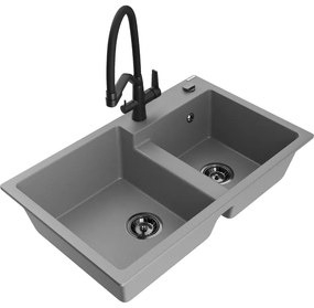 Mexen Tomas, 2-komorový granitový drez 800x500x190 mm a kuchynská batéria Duo, šedá, 6516-71-671701-70-B