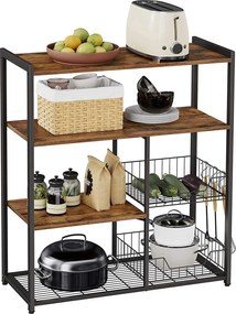Kuchynský policový stojan, s kovovými košíkmi, 80 x 35 x 95 cm, rustikálne hnedý