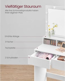 Toaletný stolík s LED osvetlením, so zrkadlom, nastaviteľný jas, biely