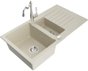 Mexen Matias, granitový drez 900x505x200 mm, 1,5-komorový a drezová batéria Carla, béžová, 6502-69-670700-00