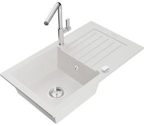 Mexen Pablo, 1-komorový granitový drez 752x436x161 mm a drezová batéria Flora, biela, 6510-20-670401-00