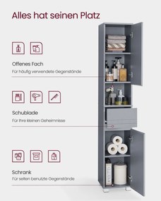VASAGLE vysoká kúpeľňová skrinka 30 × 30 × 170 cm, v tajomnej sivej farbe