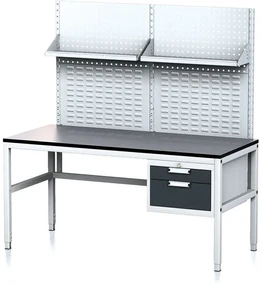 Alfa 3 Nastaviteľný dielenský stôl MECHANIC II s perfopanelom a policami, 2 zásuvkový box na náradie, 1600x700x745-985 mm, sivá/antracit