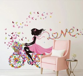 Samolepka na stenu "Dievča s motýľmi na bicykli" 140x70 cm