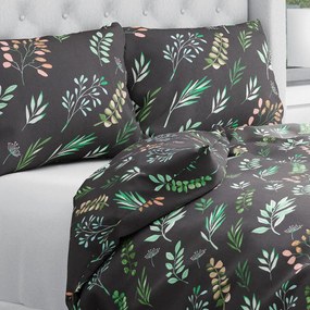 Biante Bavlnené posteľné obliečky Sandra SA-556 Vetvičky s lístkami na čiernom Predĺžené 140x220 a 70x90 cm