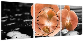 Obraz - Oranžové orchidey (s hodinami) (90x30 cm)