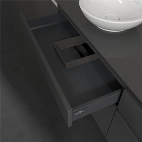 VILLEROY &amp; BOCH Legato závesná skrinka pod umývadlo na dosku (umývadlo vľavo), 4 zásuvky, s LED osvetlením, 1600 x 500 x 550 mm, Glossy Grey, B596L0FP