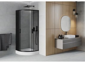 Mexen Rio, štvrťkruhový sprchovací kút s posuvnými dverami 80(dvere) x 80(dvere) x 190 cm, 6mm šedé sklo, čierny profil + biela sprchová vanička RIO, 863-080-080-70-40-4710