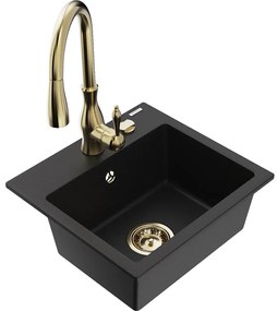 Mexen Milo, 1-komorový granitový drez 435x410x171 mm a drezová batéria Savita, čierna, 6505-77-672601-50