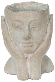 Šedý cementový kvetináč hlava ženy v dlaniach S - 13*13*18 cm