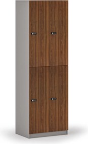 Drevená šatníková skrinka S4 s úložnými boxmi, 4 boxy, demont, mechanický kódový zámok, sivá/orech