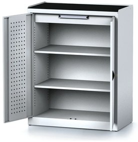 Policová dielenská skriňa 2-dverová MECHANIC, 2 police, 1 zásuvka, 920 x 500 x 1170 mm, sivé dvere