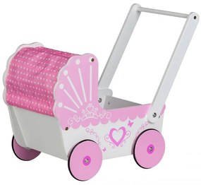 EcoToys Drevený kočík pre bábiky, ružová / biela, TT003
