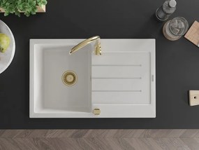 Mexen Bruno, granitový drez 795x495x200 mm, 1-komorový, biela so zlatým sifónom, 6513791010-20-G