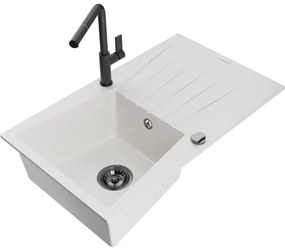 Mexen Cesar, 1-komorový granitový drez 775x470x190 mm a drezová batéria Flora, biela, 6514-20-670401-70-B