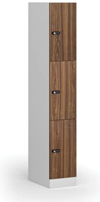 Šatníková skrinka S1 s úložnými boxmi, 3 boxy, 1850 x 300 x 500 mm, mechanický kódový zámok, laminované dvere, orech