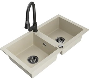 Mexen Mario, 2-komorový granitový drez 820x436x161 mm a drezová batéria Elia, béžová, 6504-69-670101-70